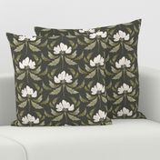 Floral, Block Print, Hazel, Charcoal, Grandmillenial, Black and White, Green, Vintage