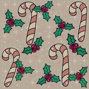 Cozy Christmas Candy Canes, Cream and Pink on Beige