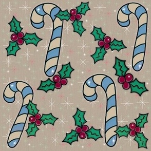 Cozy Christmas Candy Canes, Cream and Blue on Beige