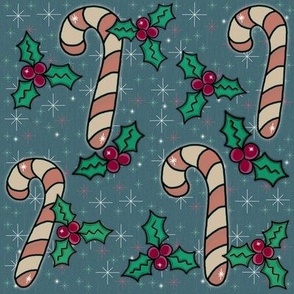 Cozy Christmas Candy Canes, Cream and Pink on Blue