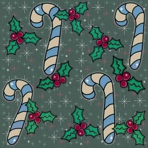 Cozy Christmas Candy Canes, Cream and Blue on Green