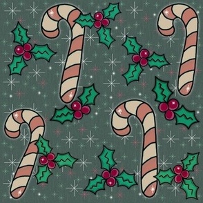 Cozy Christmas Candy Canes, Cream and Pink on Green
