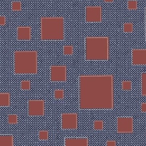 Square Rhythms - Brick-Red and Cream Textured Sketched Squares Atop a Pewter-Gray and Beau-Blue Rustic Textured Background