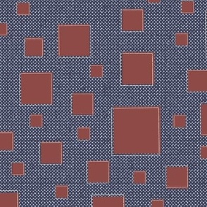 Modern Geometric Square Rhythms - Brick-Red and Cream Textured Hand Drawn Sketched Squares Atop a Pewter-Gray and Beau-Blue Rustic Textured Background