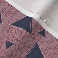 Modern Geometric Triangular Mosaic - Lead-Gray and Cream Textured Hand Drawn Sketched Triangles Atop a Deep-Cameo-Pink and Brick-Red Grunge Background of Rustic Canvas