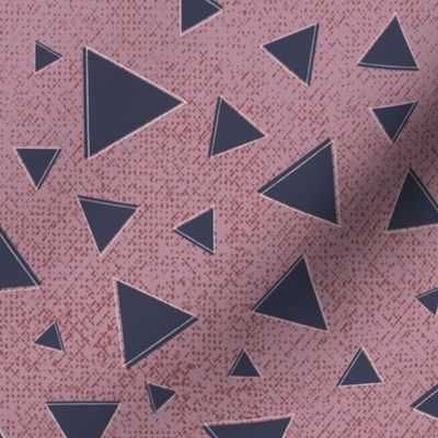 Modern Geometric Triangular Mosaic - Lead-Gray and Cream Textured Hand Drawn Sketched Triangles Atop a Deep-Cameo-Pink and Brick-Red Grunge Background of Rustic Canvas
