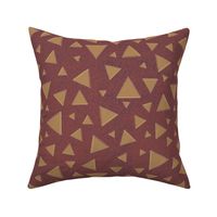Modern Geometric Triangular Mosaic - Hazelnut-Gold and Cream Textured Hand Drawn Sketched Triangles Atop a Brick-Red and Pewter-Gray Grunge Background of Rustic Canvas