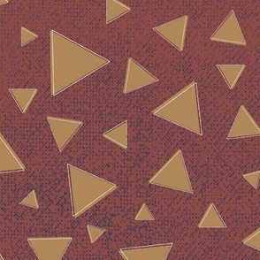 Triangular Mosaic - Hazelnut-Gold and Cream Textured Sketched Triangles Atop a Brick-Red and Pewter-Gray Grunge Background of Rustic Canvas