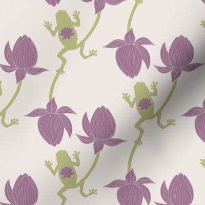 Small Scale Hoppy Frogs and Budding Lotus in Purple