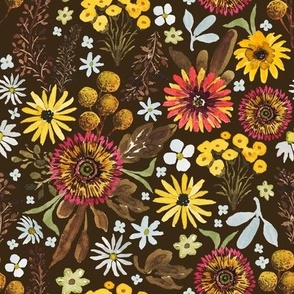 Hand Painted, Watercolor Fall Florals on Brown, 9x9