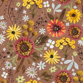 Hand Painted, Watercolor Fall Florals on Light Brown, 9x9