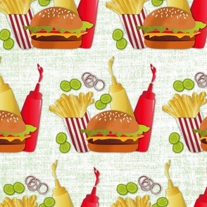 Cheeseburger / hamburger / fries / food / light green / linen