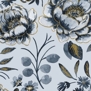 Large Stylized Watercolor Icy Blue Peonies with Faux Gold Outline and Light Blue Grey Background