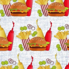 Cheeseburger / hamburger / fries / food / light blue / linen