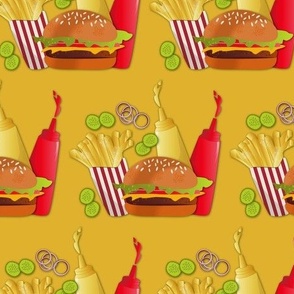 Cheeseburger / hamburger / fries / food / gold
