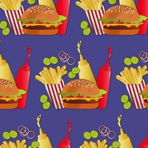 Cheeseburger / hamburger / fries / food / purple