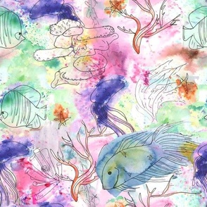 Loose Colorful Coral Reef Tropical Fish - Bright Watercolor Pigments and Ink Dopamine Hit