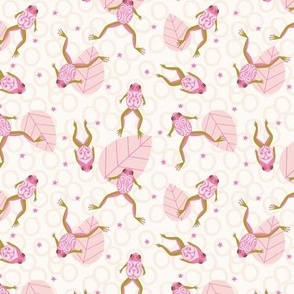 Pink frogs and tadpoles swimming around in a soft pink and cream pond - small scale