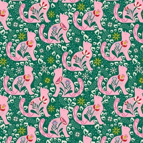 Green and pink playful cats with Folk  flowers Large scale