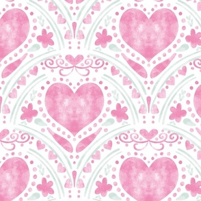 Pink Hearts and Flourishes - Watercolor Style