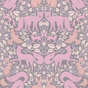 Fox Damask in Muted Pinks, Purples and Oranges On Gray