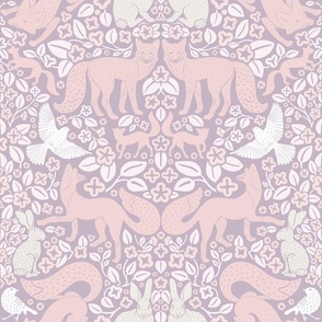 Fox Damask in Muted Palette on Silver Gray Background