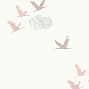 Tranquil Flying Cranes, Japanese Clouds in Minimalist Pink, Green,White, Jumbo