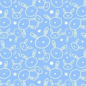 Cute Baby Bunnies Hand drawn White on Sky Blue