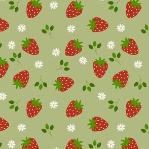 Strawberries and Daisies on Lime Green