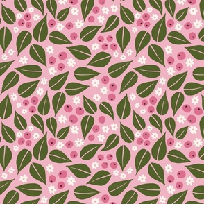 Berries and Green Leaves on Pink Background