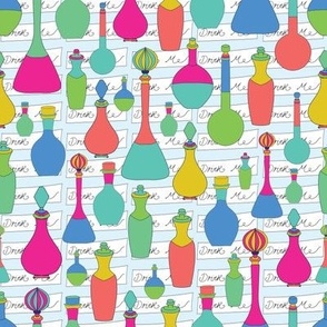 drink me tickets background with bright neon coloured hand drawn potions pattern