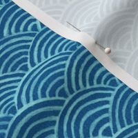 Ocean Waves, Sea Fabric on Bright Aqua (xl scale) | Hand drawn waves pattern in tropical blues, seigaiha fabric, turquoise blue, tropical sea, surf, beach fabric, summer sea.