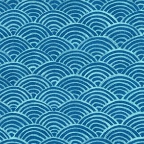 Ocean Waves, Sea Fabric on Bright Aqua (xl scale) | Hand drawn waves pattern in tropical blues, seigaiha fabric, turquoise blue, tropical sea, surf, beach fabric, summer sea.