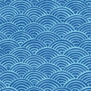 Ocean Waves, Sea Fabric in Bright Blue (xl scale) | Hand drawn waves pattern in tropical blues, seigaiha fabric, turquoise blue, tropical sea, surf, beach fabric, summer sea.