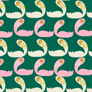  Whimsical sleepy cats with folk flowers in pink and green Large scale