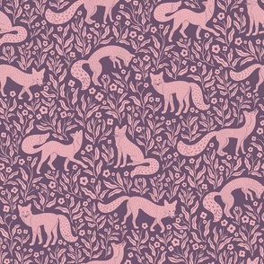 Foxies - Fox Print -  in Dark Purple and Blush Pink