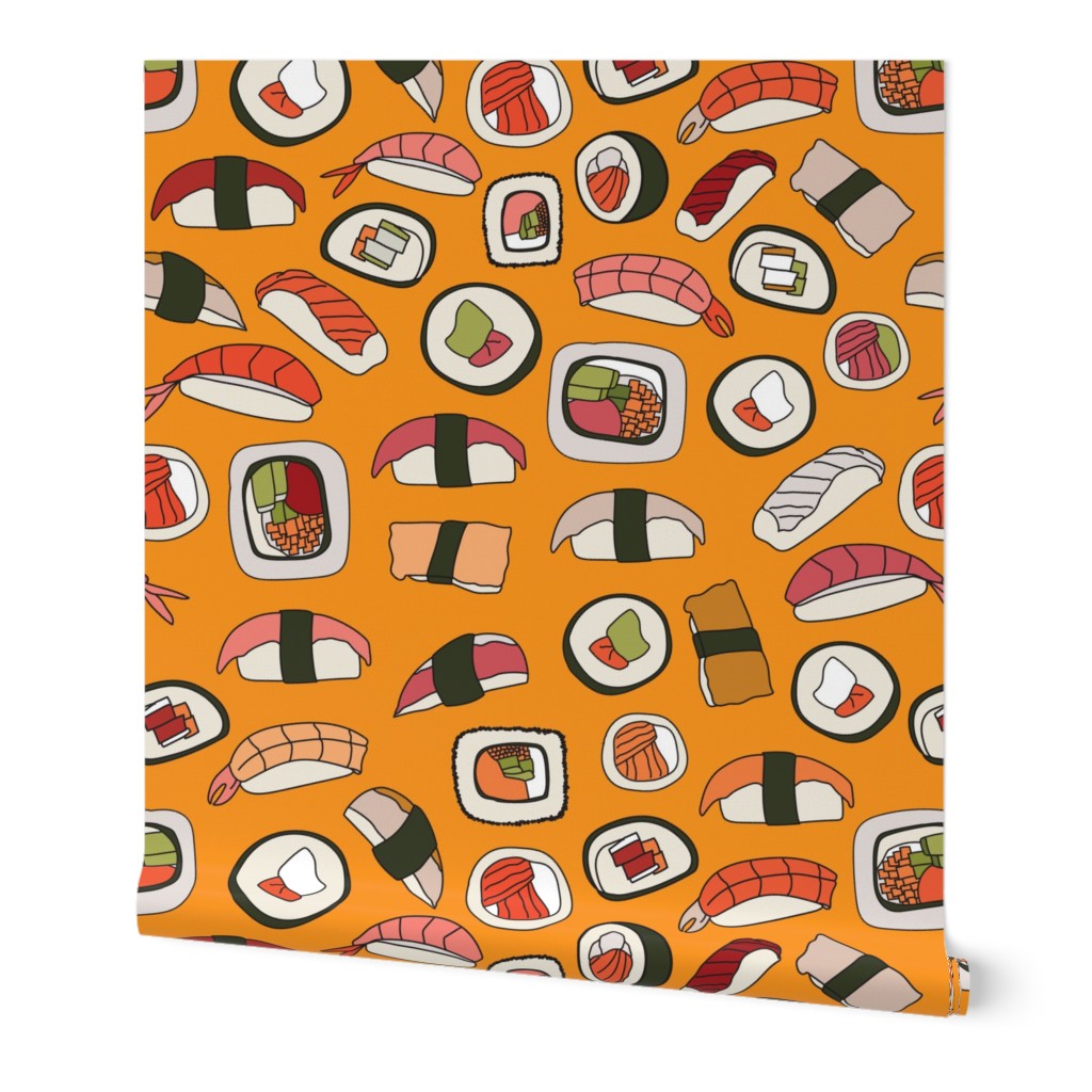 bright orange background with hand drawn sushi black outline