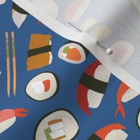 dark blue background with hand drawn sushi and chopsticks no outline