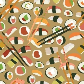 gold background with hand drawn sushi and chopsticks no outline