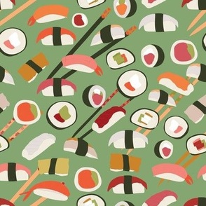 green background with hand drawn sushi and chopsticks no outline