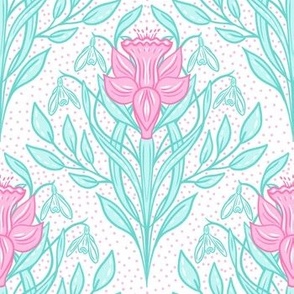 Daffodils, art nouveau style in pink and teal, medium scale