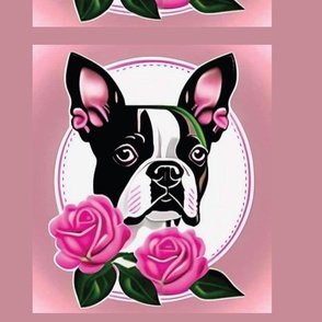 Dusty rose Boston Terrier dog 16 x 15 inch quilt panel