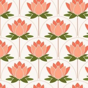 Coral lotus art deco flowers on cream - Monochrome water lilies florals in corals - modern minimal whimsical blossoms -  mid mod -  spa yoga - zen décor - kids room