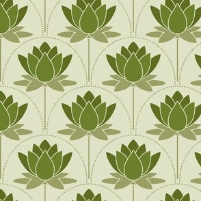 Green lotus art deco flowers on mint green - Monochrome water lilies in greens / modern minimal whimsical blossoms -  mid mod -  spa yoga - zen décor 