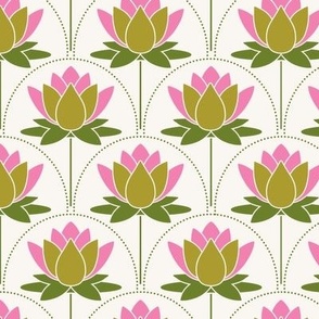 Green and pink  lotus art deco flowers on mint green - Monochrome water lilies in green and pink  - modern minimal whimsical blossoms -  mid mod -  spa yoga - zen décor 