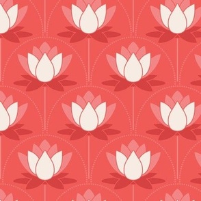 Medium Scale - Art deco Lotus flowers - red, pink and off white water lily flowers with scalloped dots on a coral background