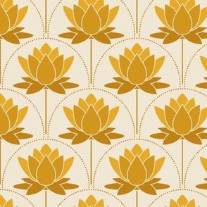 Medium Scale - Art deco Lotus flowers - yellow water lily flowers with scalloped dots on a cream background