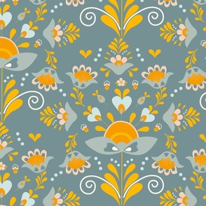 Folsky Floral Composition - orange, light blue, teal