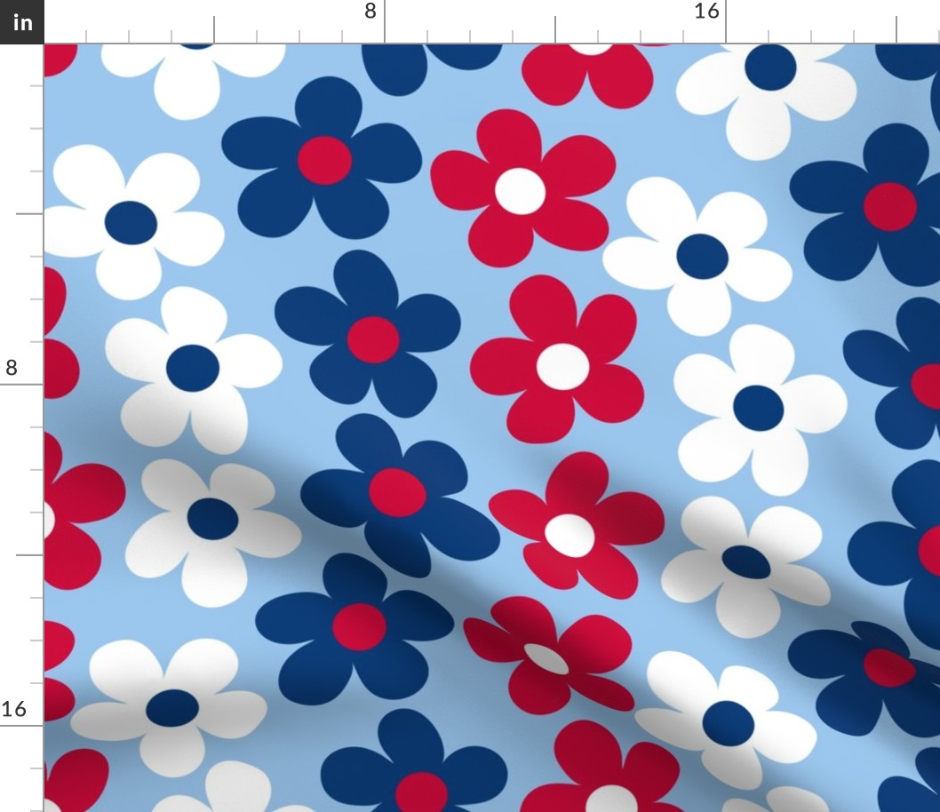 Large Red White and Blue Flower Stripes on Light Old Glory Blue, Patriotic, Fourth of July, Independence Day