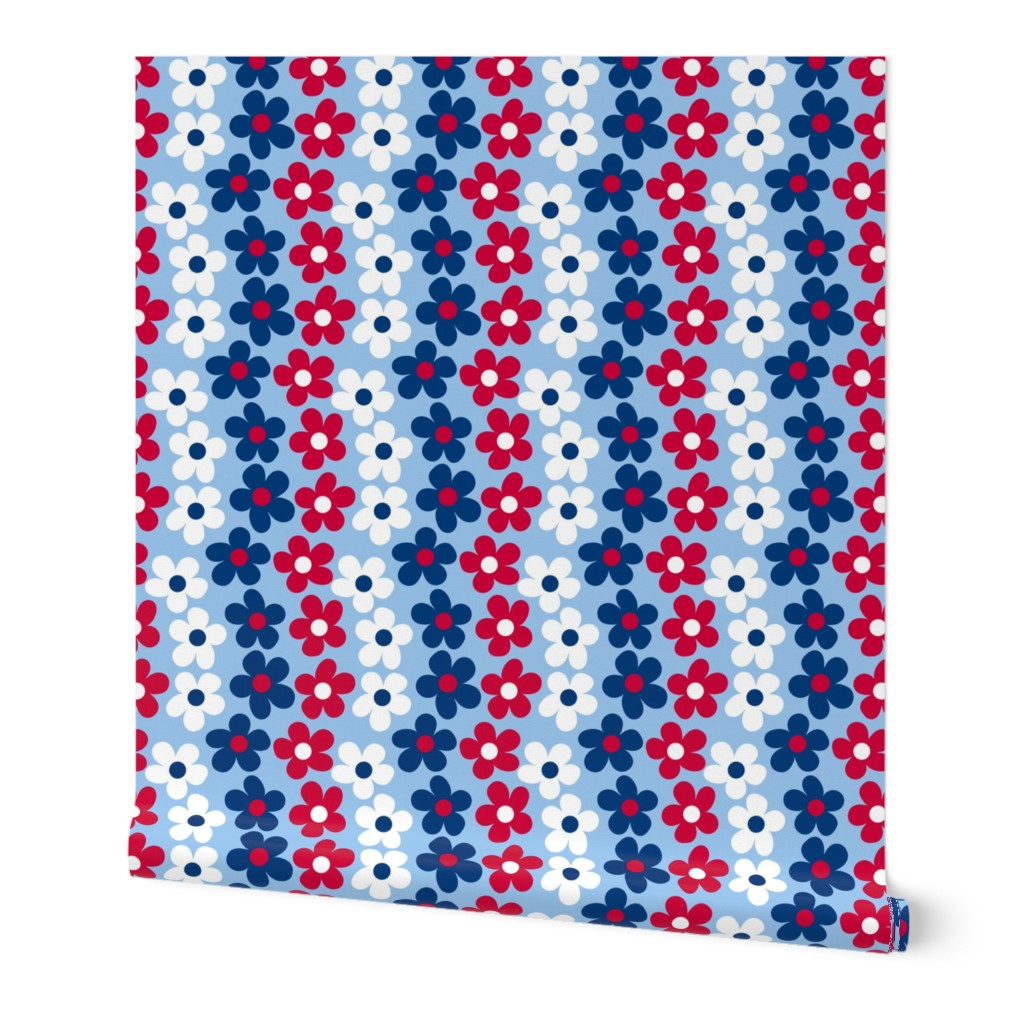 Medium Red White and Blue Flower Stripes on Light Old Glory Blue, Patriotic, Fourth of July, Independence Day